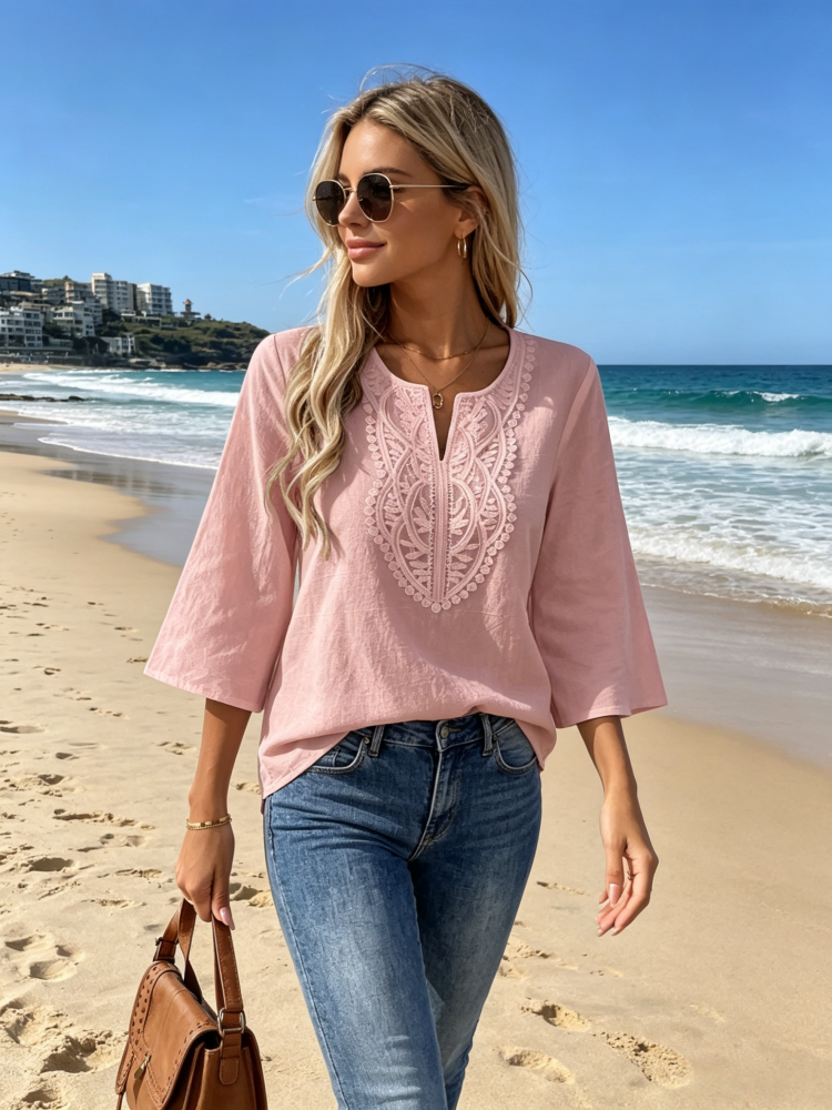 Women's Lace-Trimmed Split Neck Blouse