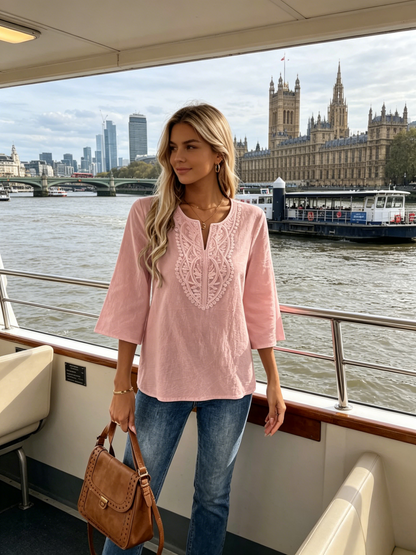 Women's Lace-Trimmed Split Neck Blouse