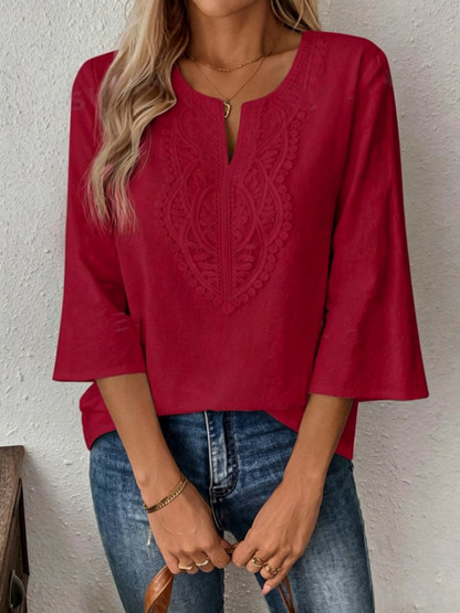Women's Lace-Trimmed Split Neck Blouse