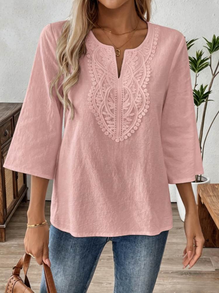 Women's Lace-Trimmed Split Neck Blouse
