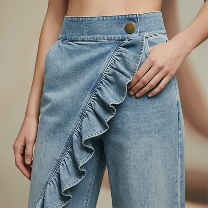 Women's Asymmetrical Ruffle Wide-Leg Denim Pants