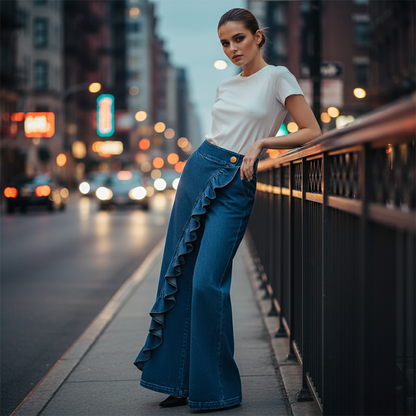Women's Asymmetrical Ruffle Wide-Leg Denim Pants