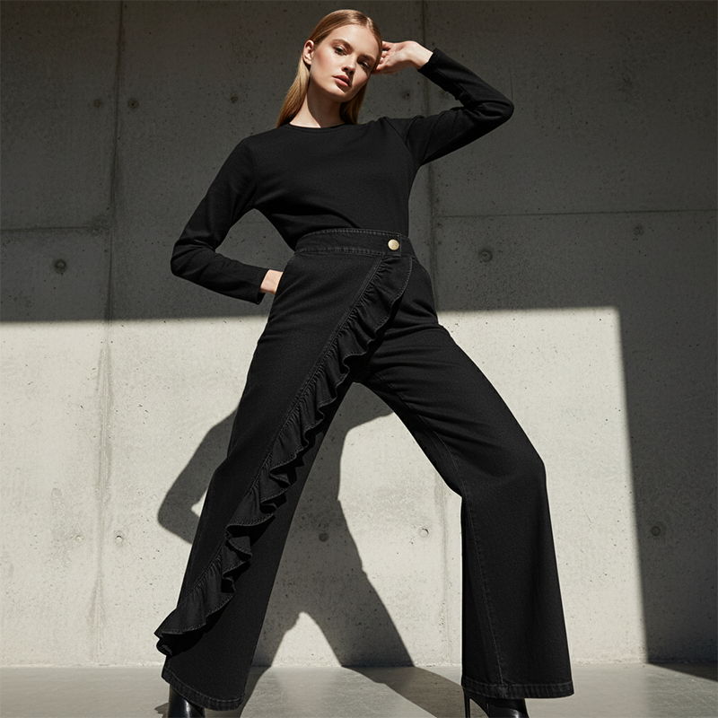 Women's Asymmetrical Ruffle Wide-Leg Denim Pants