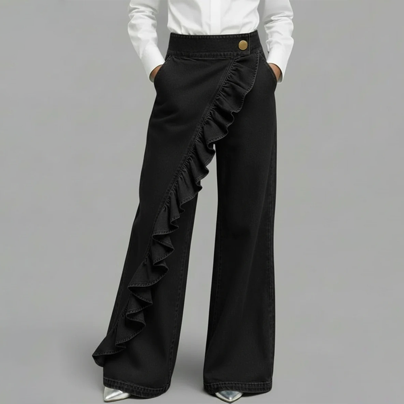 Women's Asymmetrical Ruffle Wide-Leg Denim Pants
