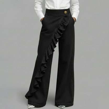 Women's Asymmetrical Ruffle Wide-Leg Denim Pants