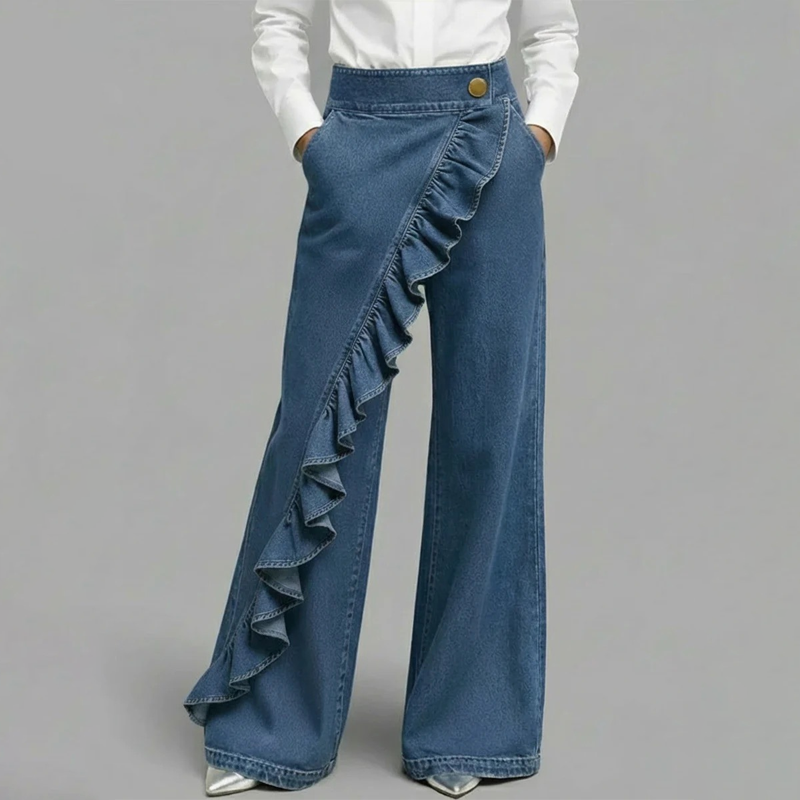 Women's Asymmetrical Ruffle Wide-Leg Denim Pants