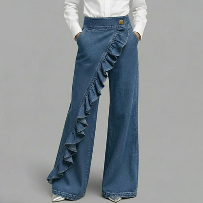 Women's Asymmetrical Ruffle Wide-Leg Denim Pants