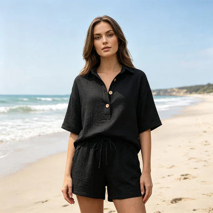 Women's Casual Button Front Two-Piece Shorts Set