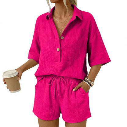 Women's Casual Button Front Two-Piece Shorts Set