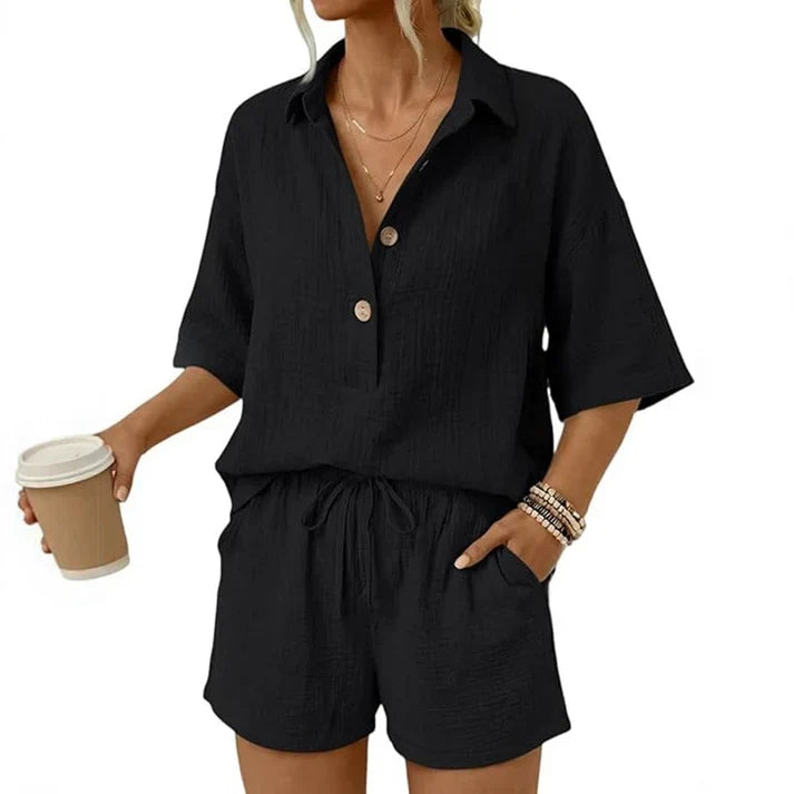 Women's Casual Button Front Two-Piece Shorts Set