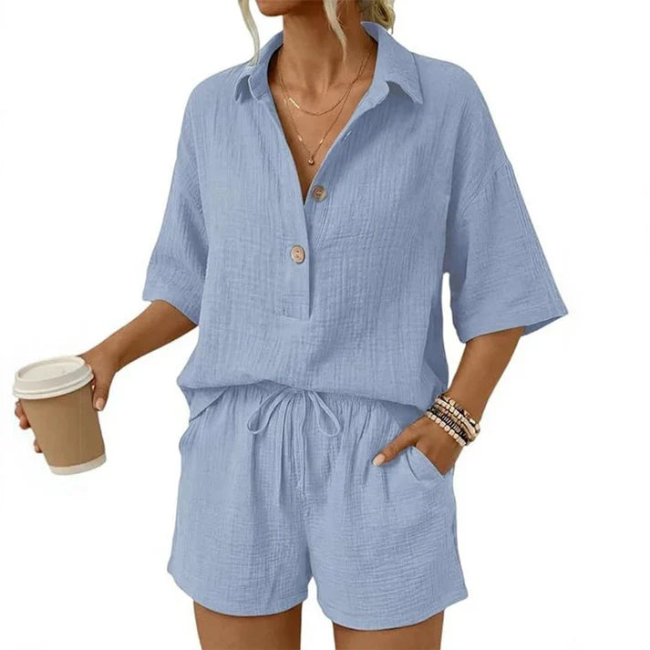 Women's Casual Button Front Two-Piece Shorts Set