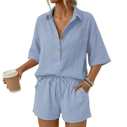Women's Casual Button Front Two-Piece Shorts Set