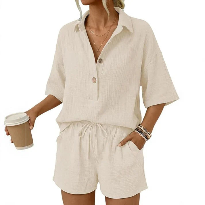 Women's Casual Button Front Two-Piece Shorts Set