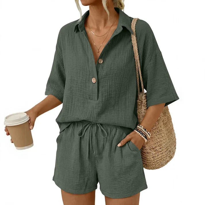 Women's Casual Button Front Two-Piece Shorts Set