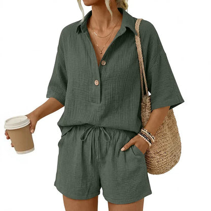 Women's Casual Button Front Two-Piece Shorts Set